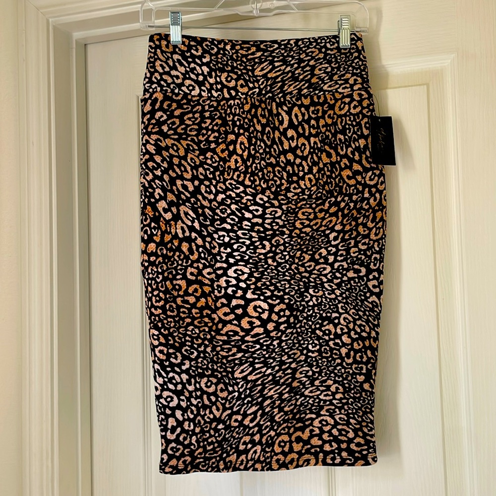 NWT Black and Tan Animal Print Scuba High Waisted Midi Skirt
